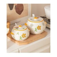 Âu Mỡ và Hũ Đựng Gia Vị Bằng Sứ Họa Tiết Hoa Vàng Flyfire