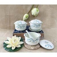 Âu sứ có nắp chưng yến, âu cháo, súp ♥️ Dung tích 600ml - Vẽ sen xanh siêu đẹp - Gốm Bát tràng