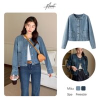 [Augustcloth] Áo khoác jean denim tay dài cổ tròn