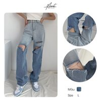 [Augustcloth] Quần jeans denim dài lưng cao rách Hàn Quốc
