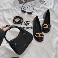 [AUTH 100%] CnK Giày búp bê mũi tròn Chunky Metallic Accent Charles & Keith size 38 màu đen fullbox chính hãng