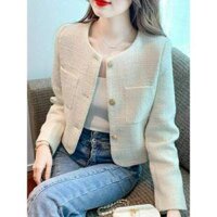 {Au.th rẻ} Áo Khoác Dạ Tweed Nữ Cổ Tròn 2 Túi Ốp Ngực Kết Hợp Khuy Đồng Cao Cấp Phong Cách Trẻ Trung Sang Trọng.
