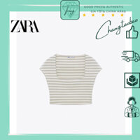 Auth Zara Áo thun sọc cổ vuông dệt kim crop top size M