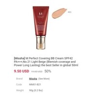 [AUTH100%] Kem nền MISSHA M PERFECT COVER BB CREAM SPF42/PA+++ (NO.21/LIGHT BEIGE) SALE (có bill)