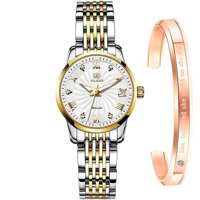 Automatic Watches Women Ladies Mechanical Self Winding OLEVS Dress Watch Gold Luxury Waterproof Stainless Steel Wrist Watches for Women (White)