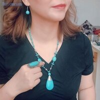 Autu Vòng cổ ngọc lam Bông tai ngọc lam Nhẫn Handmade Vòng cổ cổ cổ điển Gothic Boho Đồ trang sức Quà tặng hoàn hảo cho Girlf
