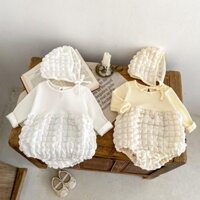 Autumn new style seersucker long-sleeved stitching jumpsuit + seersucker hat baby girl outing wear