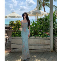 AV035 Đầm hai dây dáng dài kiểu dáng ôm eo tôn dáng họa tiết cổ điển sang trọng quyến rũ