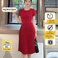 áy công sở nữ liền thân dáng xòe xếp ly nhỏ ống tay rúm nhẹ, cổ tròn nẹp khuy bọc thiết kế MQ Boutique cao cấp
