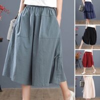 Ayufe Quần Lửng Ống Rộng Lưng Thun polyester Màu Trơn Phối Bèo Thời Trang Mùa Hè Cho Nữ