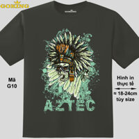 AZTEX SKULL, mã G10. Áo thun nam in hình đẹp. Áo phông nam thoát nhiệt Goking hàng hiệu cao cấp - Thép, vải thun lạnh - L