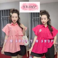 B02 Set Babydoll Áo Lệch Tà Túi Thêu Gấu Phối Quần Short Khác Màu Siêu Cute