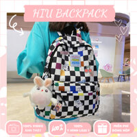 [B1178 - HIU BACKPACK] Balo đi học họa tiết caro vải dù chống nước kèm móc khóa và ghim cài
