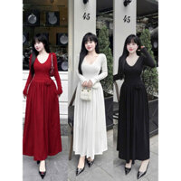 B13- Đầm Body Maxi Cổ Tim Tay Dài Đính Hoa 1 Bên Eo - Chân Váy Xếp Li Xoè Dài - Tiểu Thư, Sang Chảnh, Dự Tiệc, Dạo Phố