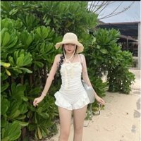 B17 đồ bơi nữ bộ tắm biển bikini monokini jump 1 mảnh đính nơ thun ren co dãn mềm mại tinh khôi dễ thương clip thật