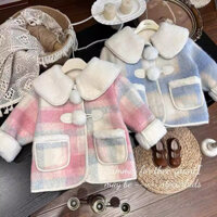 (B180) Áo Khoác Dạ Nỉ Dáng Dài Kẻ Ngang Lót Lông Dễ Thương Cho Bé Gái Mùa Đông ❤️