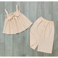 B190 - Bộ culottes kẻ vàng smock nơ