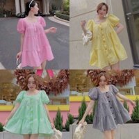 B27 Set Xốp Caro Đầm Babydoll Cổ Vuông Tay Phồng Dáng Xoè Kèm Quần Short