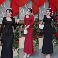 B32- Set Áo Cổ Tròn Tay Dài Vạt Xéo Đính Nút phối Hoa Cổ + Chân Váy Xoè Dài Chữ A - Đơn giản, Thanh lịch, Dễ mặc