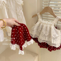 (B68) Set 3 Chi Tiết Áo Voan Ren Hoa Hai Dây Kèm Váy Tầng Chấm Bi Bé Gái Đáng Yêu Mùa Hè, Khăn Chấm Bi❤️