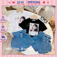 B7970 - Bộ BG croptop áo rút eo kèm quần bò 12m-6y(đen-trắng)