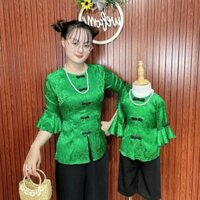 Bà Ba Tay Xòe Vải Gấm Hoa Màu Xanh Lá Tay Xòe Nút Tiều Dây Khóa Kéo - Quần Đen Size ( 7 - 78Kg )