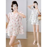 ✨Bà Bầu Mùa Hè Tay Ngắn Hoa Nhỏ Cổ Chữ V Bà Bầu Hàng Đầu Rời Kích Thước Lớn Bao Bụng Bà Bầu Hai Mảnh Phù Hợp Với 25.3.23