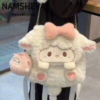 Ba lô cừu NAMSHEVA, Túi cừu sang trọng mềm mại dành cho học sinh, Túi xách tay dễ thương nơ lông tơ
