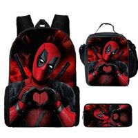 Ba lô Deadpool 3 trong 1, bộ ba món, túi ăn cho trẻ em hoạt hình, hộp bút, trường tiểu học, dung tích lớn