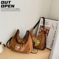 Ba lô du lịch, Túi đeo chéo công suất lớn Capybara hoạt hình, Túi đeo vai thêu da lộn trà sữa mềm thời trang