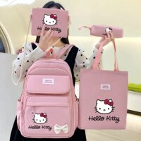 Ba lô học sinh Hello Kitty Bộ 4 món Ba lô trường màu hồng dành cho nữ Ba lô công suất lớn làm đẹp cao