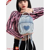 Ba Lô Mini Vải Denim Đính Đá Hình Trái Tim Phong Cách Retro