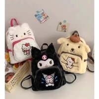 Ba lô thời trang nữ họa tiết hoạt hình kuromi, hello kitty chất liệu da phối lông nhung siêu đẹp