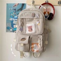 Ba lô thời trang Schoolbag Ba lô nữ Hàn Quốc Ba lô công suất lớn Ba lô học sinh Ba lô hoạt hình Ba lô ins Ba lô cầu xin sekolah perempuan bagpack Trắng + 4 Huy hiệu + 1 Gấu má hồng