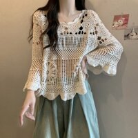 Ba Phần Tư Tay Dài Sang Trọng Rỗng Độc Đáo Áo Cao Cấp Cổ Tích Ren Đẹp Che Thịt Bao Bụng