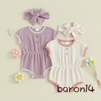 Baby Gir Waffle Trang phục cổ tròn tay ngắn tương phản Trim Romper