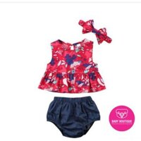 Baby Girls Áo hoa Vest + Quần short denim + Trang phục headband 3 Cái