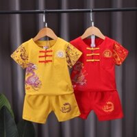 Baby han Trung Quốc trang phục phù hợp với CNY bé trai gils Ngắn Tay Áo Hanfu Trung Quốc rồng tang phù hợp với trẻ em năm mới cotton Hanfu phù hợp với quần áo trẻ em Hanfu quần áo năm mới