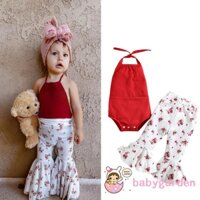 BABYGARDEN 0-3years Baby Girl Halter Tanks Tops + Flared Pants, Floral Print Wide Elastic Waist Summer Clothing Set