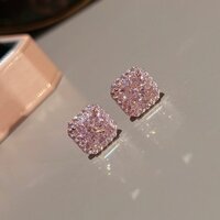 Bạc 925 Kim Mô Phỏng Hồng Tourmaline Bông Tai Nữ Micro-Dát Vuông Nhấp Nháy Bông Tai Kim Cương Tính Khí Cao Cấp Niche Bông Tai