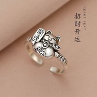 Bạc 925 Nhẫn Mèo May Mắn Mở Chỉ Số Ngón Tay Nhẫn May Mắn Nhẫn Đồng Bằng Bạn Gái Phong Cách Trung Hoa Nhẫn May Mắn