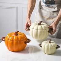 Bắc Âu gốm bí ngô hai tai dung lượng lớn gia đình thịnh canh có nắp đậy mì liền bát ăn ốc bún lưới đỏ