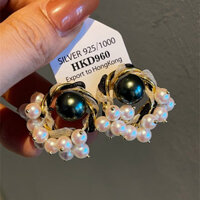 Bạc Kim Ngọc Trai Đen Bông Tai Ren Pháp Ánh Sáng Sang Trọng Tua Rua Bông Tai Tinh Tế Thanh Lịch