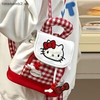 {Bag} Ba lô hoạt hình Hello Kitty Ba lô dây rút kẻ sọc đỏ thời trang dành cho nữ Ba lô nhỏ Túi đi học dễ thương.