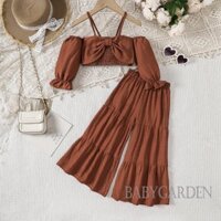 Baga-1-6 tuổi Trang phục mùa thu cho bé gái / Dây đeo Spaghetti màu trơn Áo trễ vai dài tay / Quần loe / Bộ quần áo 2 chiếc cho bé
