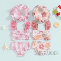 Baga-3 Tuổi Bé Gái 3 Đồ Bơi In Hoa Bay Tay Áo Tankini Quần Short Bơi Mũ Bơi Bộ Bikini Đi Biển