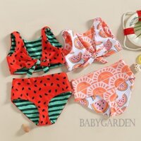 Baga-6 Tháng-4 Tuổi Bé Gái Bikini Bộ Không Tay Cổ Chữ V Dưa Hấu In Áo + Quần Đùi Đồ Bơi Đi Biển Mùa Hè