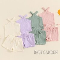 Baga-6 tháng-4year Bé Gái Mùa Hè 2 Bộ Màu Trơn Không Tay Chữ Thập Áo + Quần Short