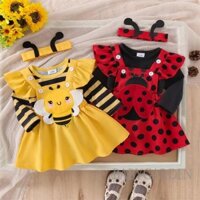 Baga-bộ quần áo 3 món mùa thu cho bé gái / Áo liền quần tay bay + Váy treo thêu ong / bọ cánh cứng + Băng đô
