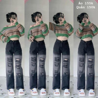 Baggy Jeans Ống Suông Nữ Loan Màu Rách Mảng